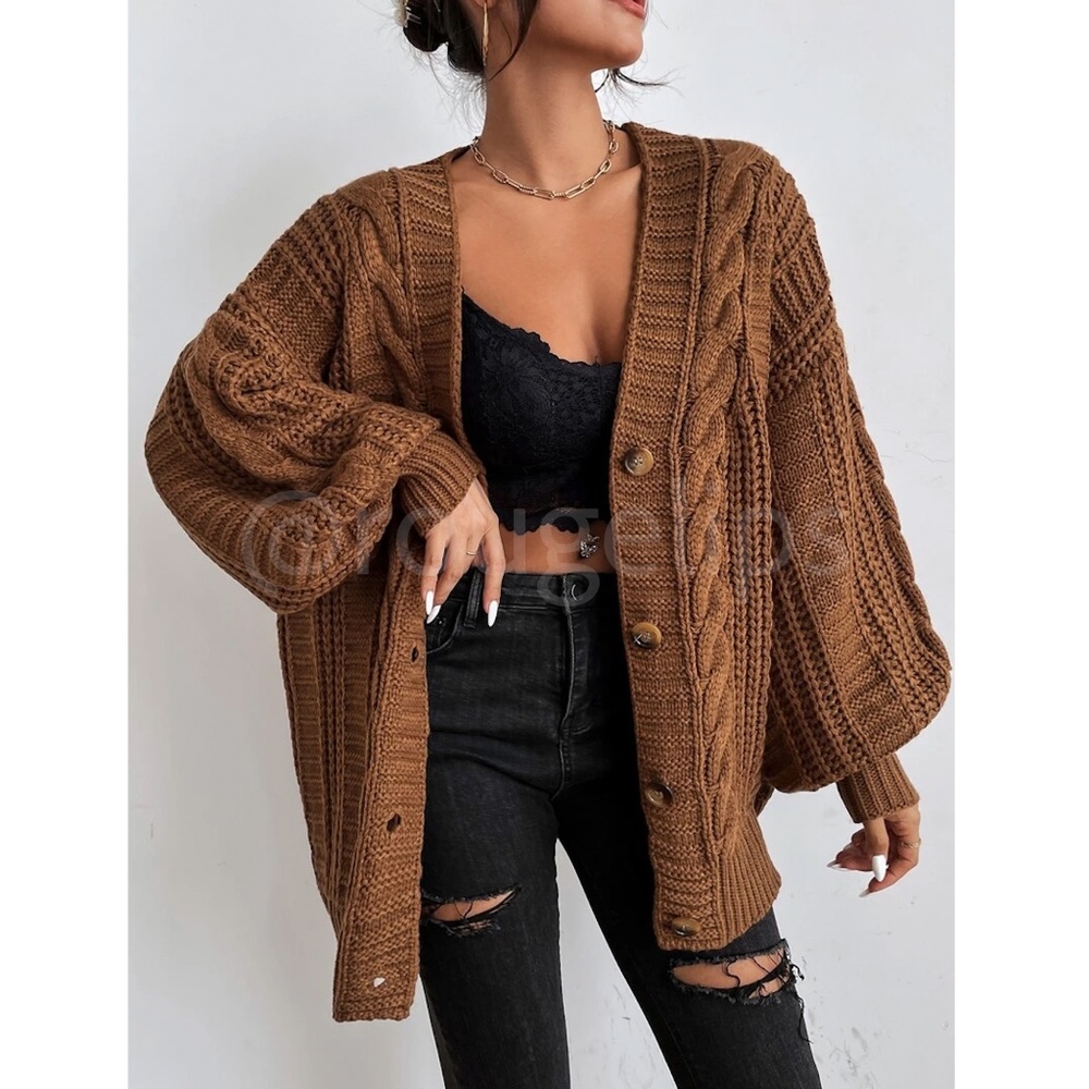 Oversized Brown Cable Knit Cardigan Long Sleeves Hip Length Buttoned - Picture 1 of 11